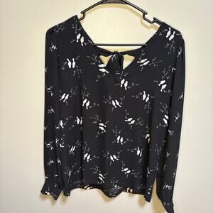Loft Black V Neck Tie Back White Bird Long Sleeve Bird Blouse XS Flowy Oversized